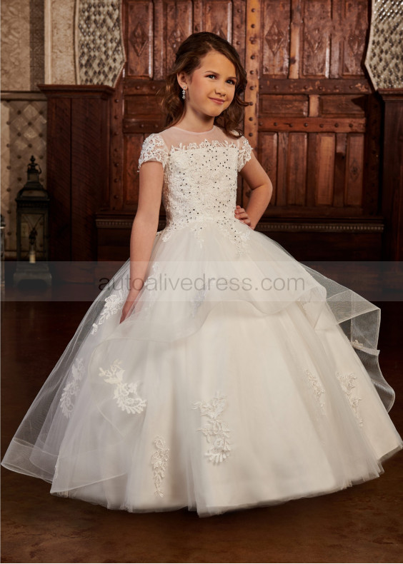 Beaded Ivory Lace Tulle Keyhole Back Flower Girl Dress With Horsehair Hem